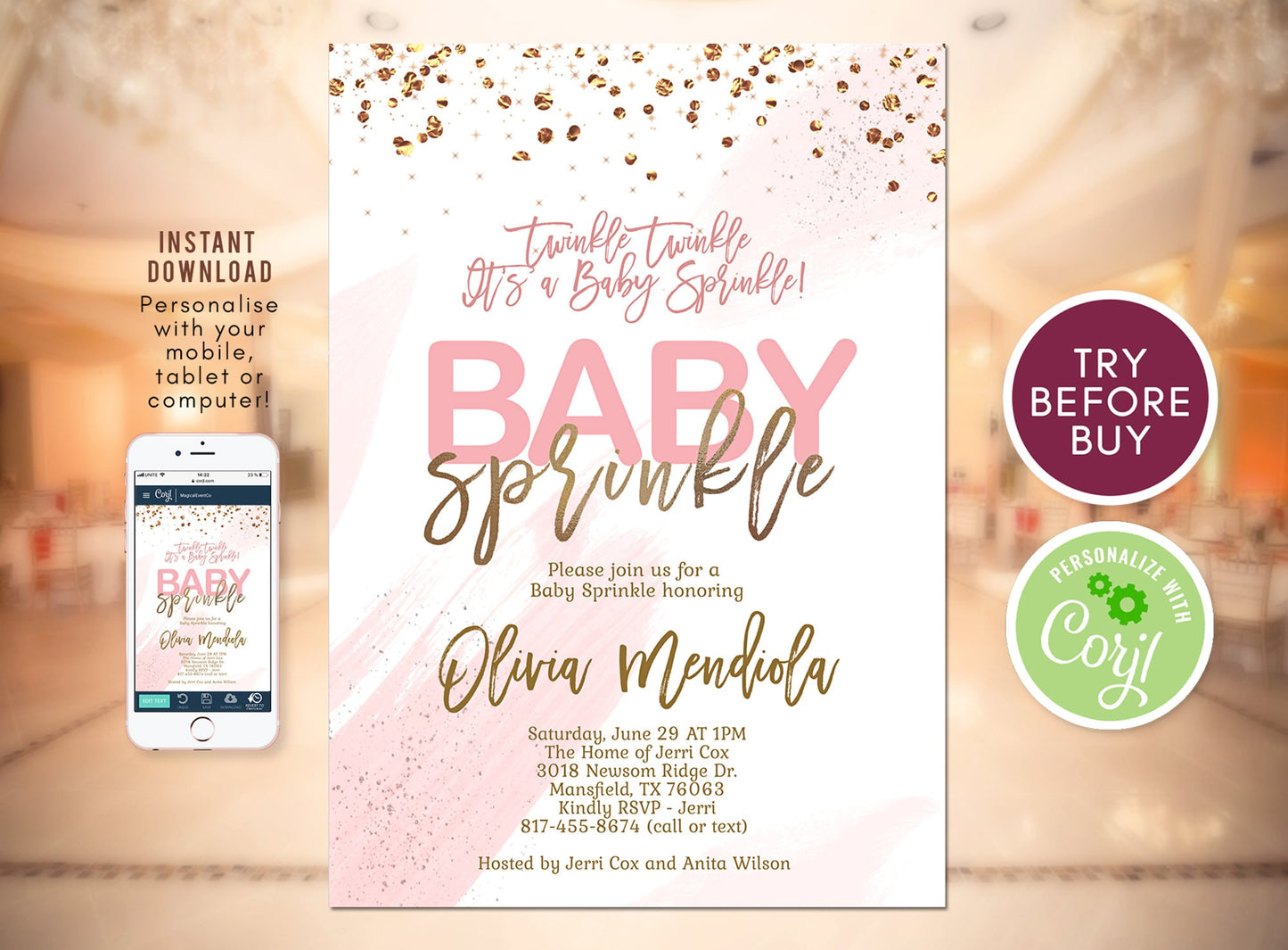 Pink and Gold Baby Girl Sprinkle Invitation, Pink Baby Girl Sprinkle Invitation Template, Baby Shower Printable Editable Invite DIY Template