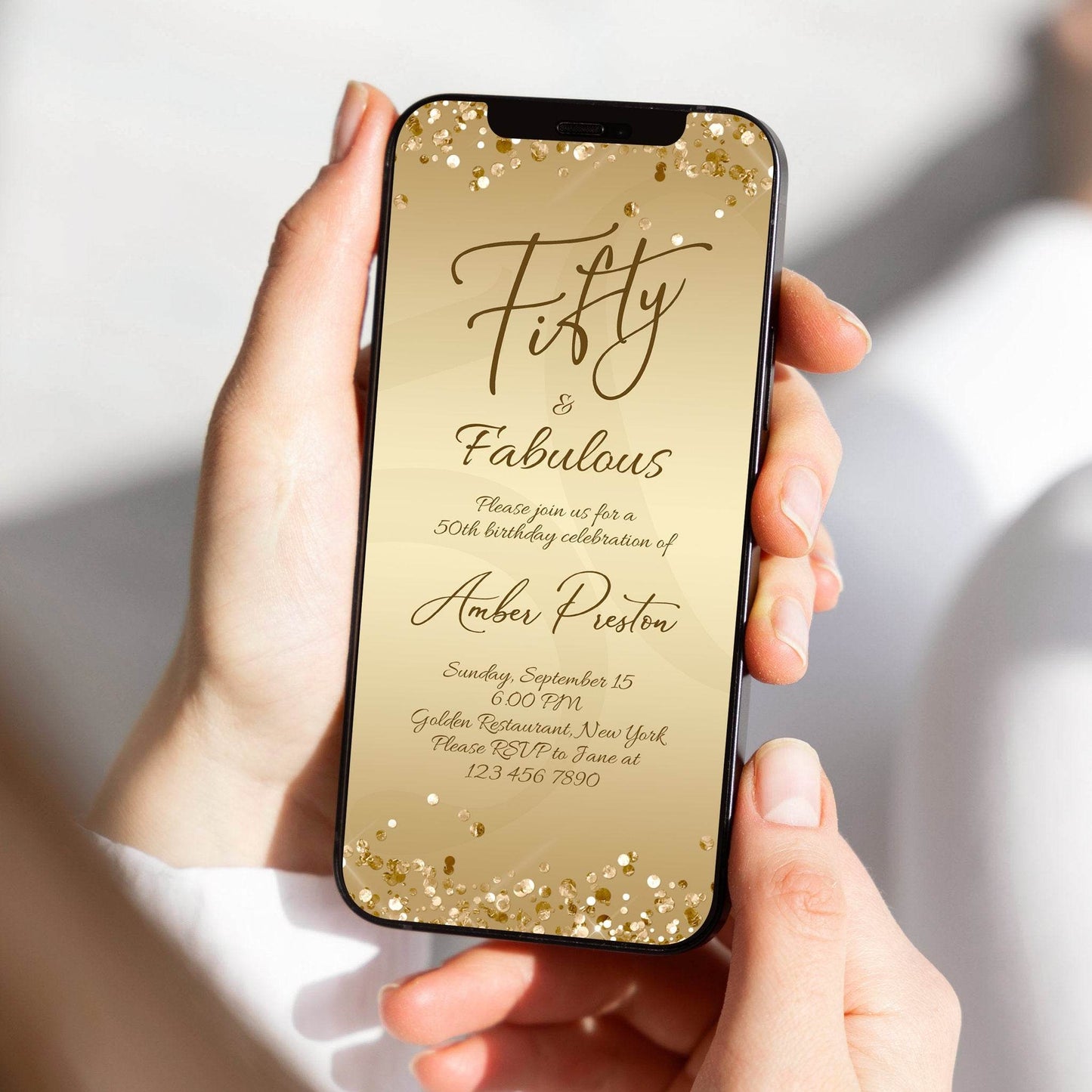 Digital Fifty and Fabulous Dinner Party Invitation for Her – Editable Gold 50th Birthday Template | Ladies Electronic Text Message Evite | Instant Download