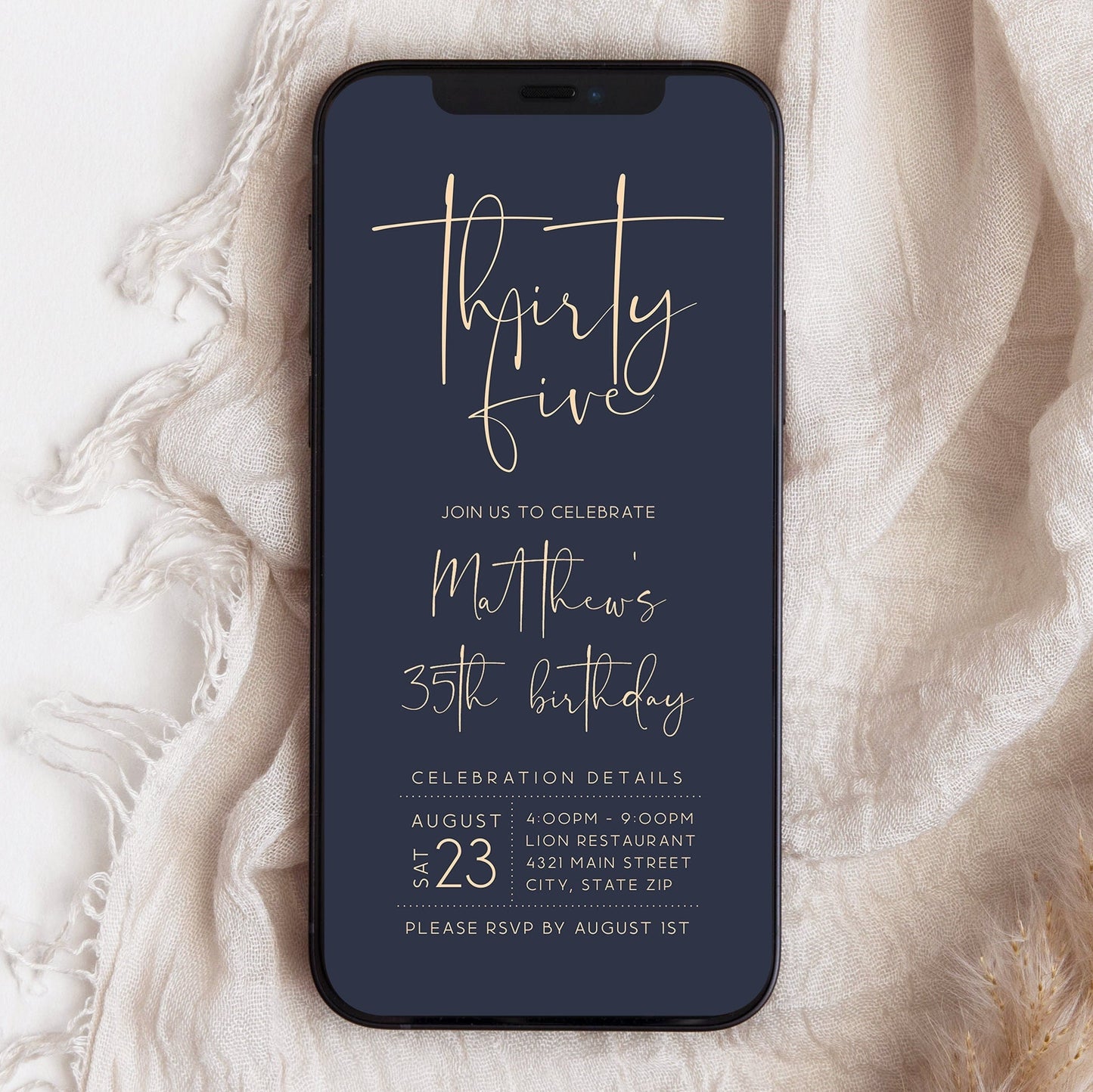 Navy Gold 35th Thirty Five Birthday Digital Invitation Evite Template, Phone text message invite, Editable Electronic Email Mens Invitation