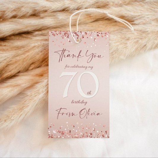 Seventy 70th Birthday Favor Tags – Editable Rose Gold Confetti Thank You Tag | Printable Any Age Party Favor Tag | Digital Download Template