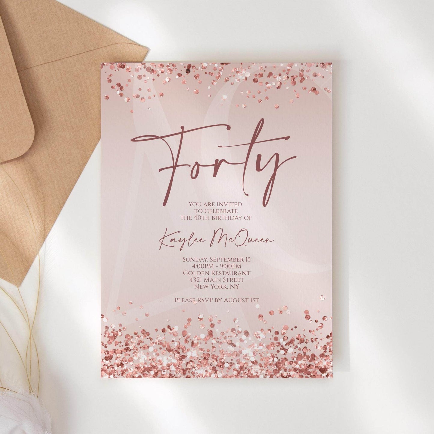 Rose Gold 40th Birthday Invitation Template, Editable Any Age Birthday Evite, Printable Pink Invite for Women, Text Message Download