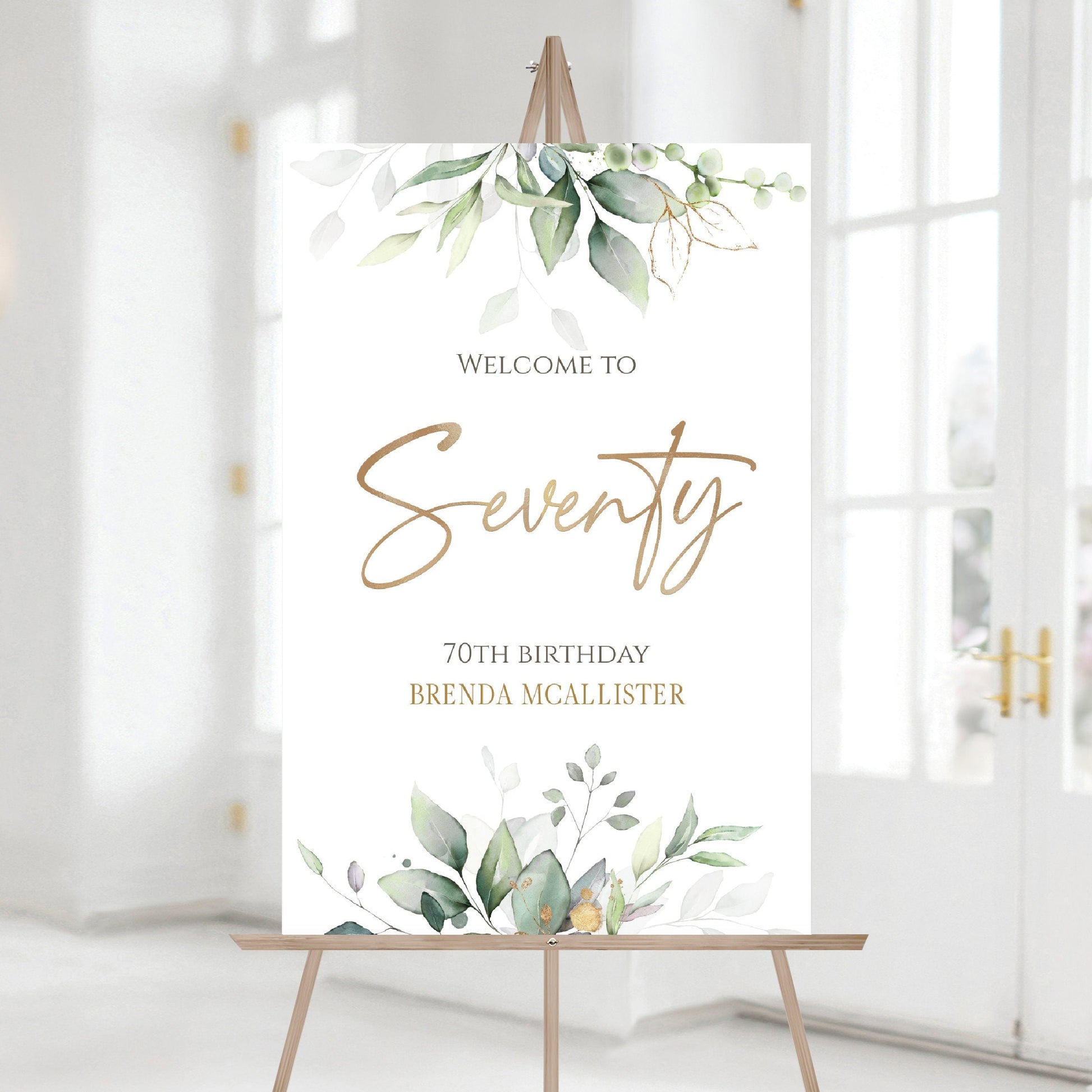 Greenery 70th Seventy Birthday Party Welcome Sign, Editable Template, Printable Birthday Welcome Sign, Gold Foil Leaves, 70th Digital Sign
