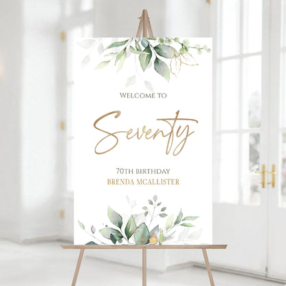 Greenery 70th Seventy Birthday Party Welcome Sign, Editable Template, Printable Birthday Welcome Sign, Gold Foil Leaves, 70th Digital Sign
