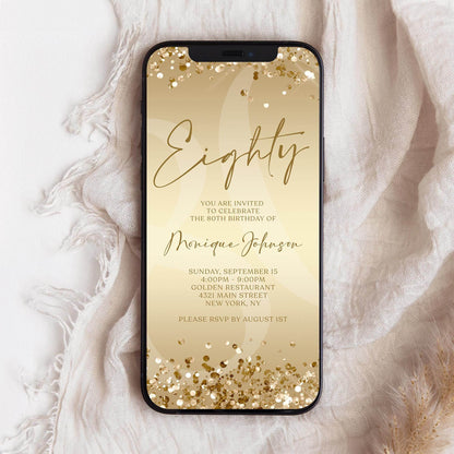 Gold 80th Birthday Invitation Template, Editable Digital Eighty Invite, Confetti Phone Evite, Text Message Birthday Card