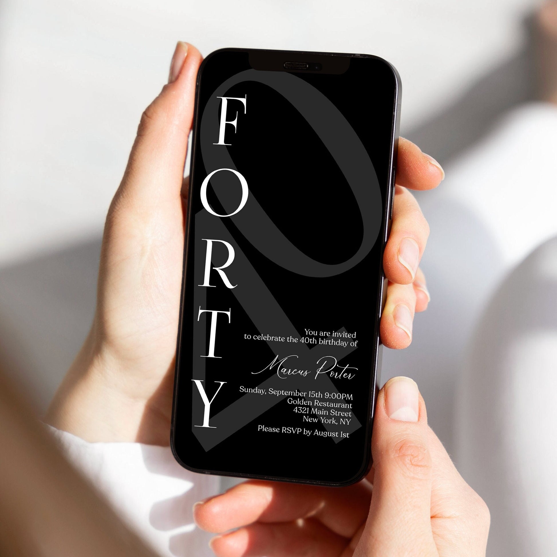 Digital Minimalist Simple Black 40th Forty Birthday Invitation Template, Editable Any Age Men Invite, Email Text Message Evite, Phone Invite