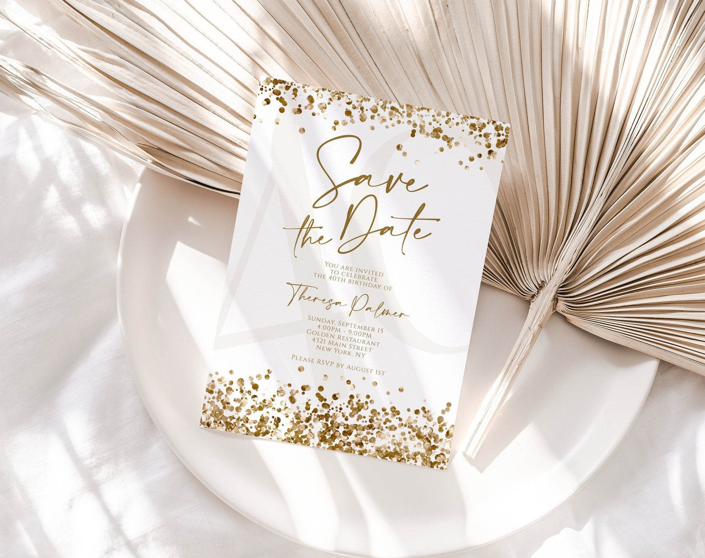 Printable Save the Date Birthday Invitation, Editable White Gold Confetti Template, DIY Text Message Evite, Any Age Birthday Invite