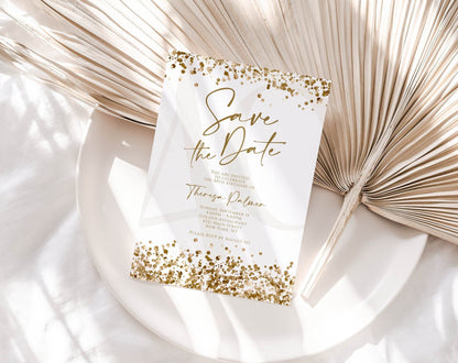Printable Save the Date Birthday Invitation, Editable White Gold Confetti Template, DIY Text Message Evite, Any Age Birthday Invite
