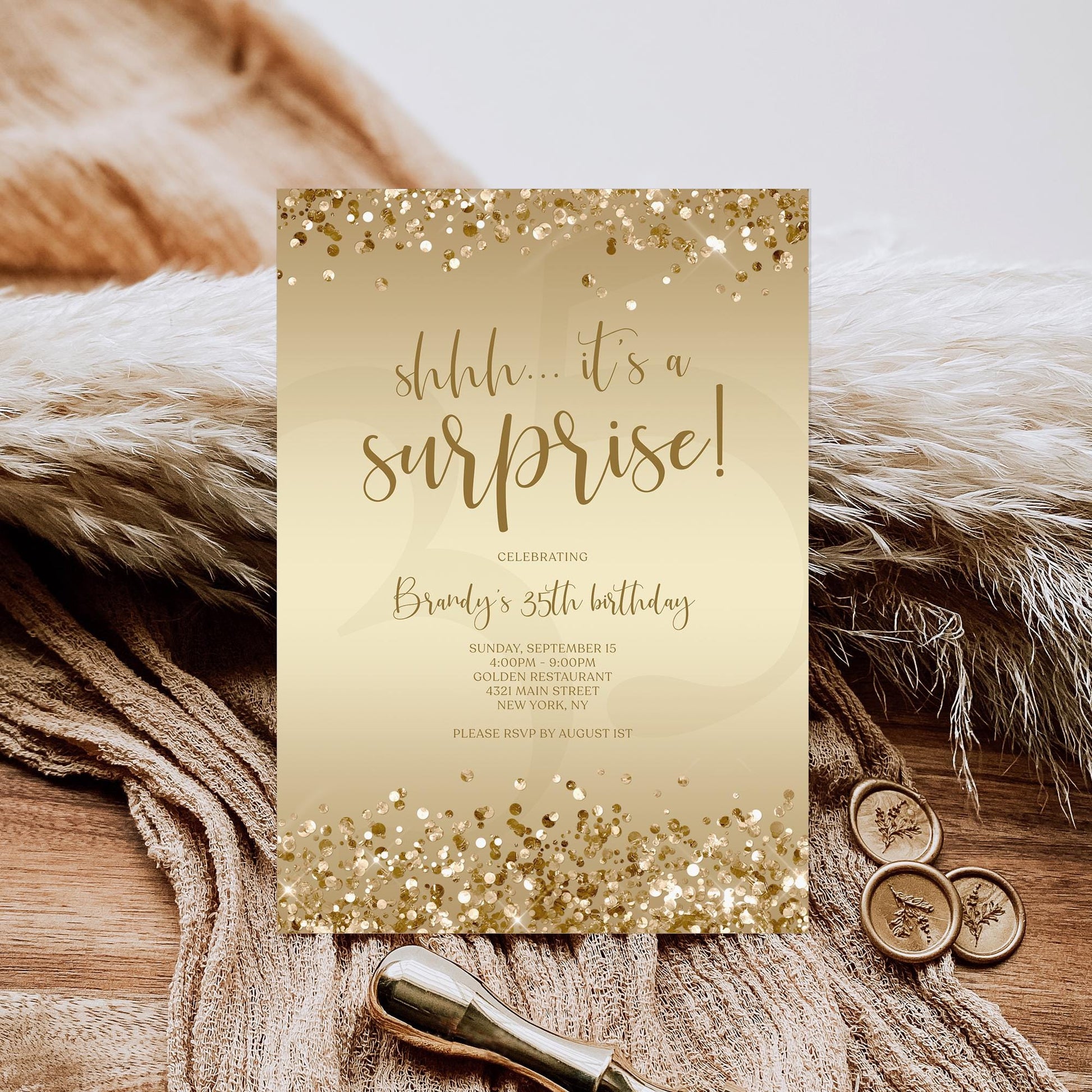 Gold Surprise Party Invitation Template - Editable Birthday Invite