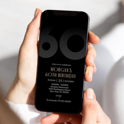 Digital Black 60th Sixty Birthday Invitation Template, Electronic Mobile Invite for Him, Phone Black Elegant Invitation, Text Message Evite