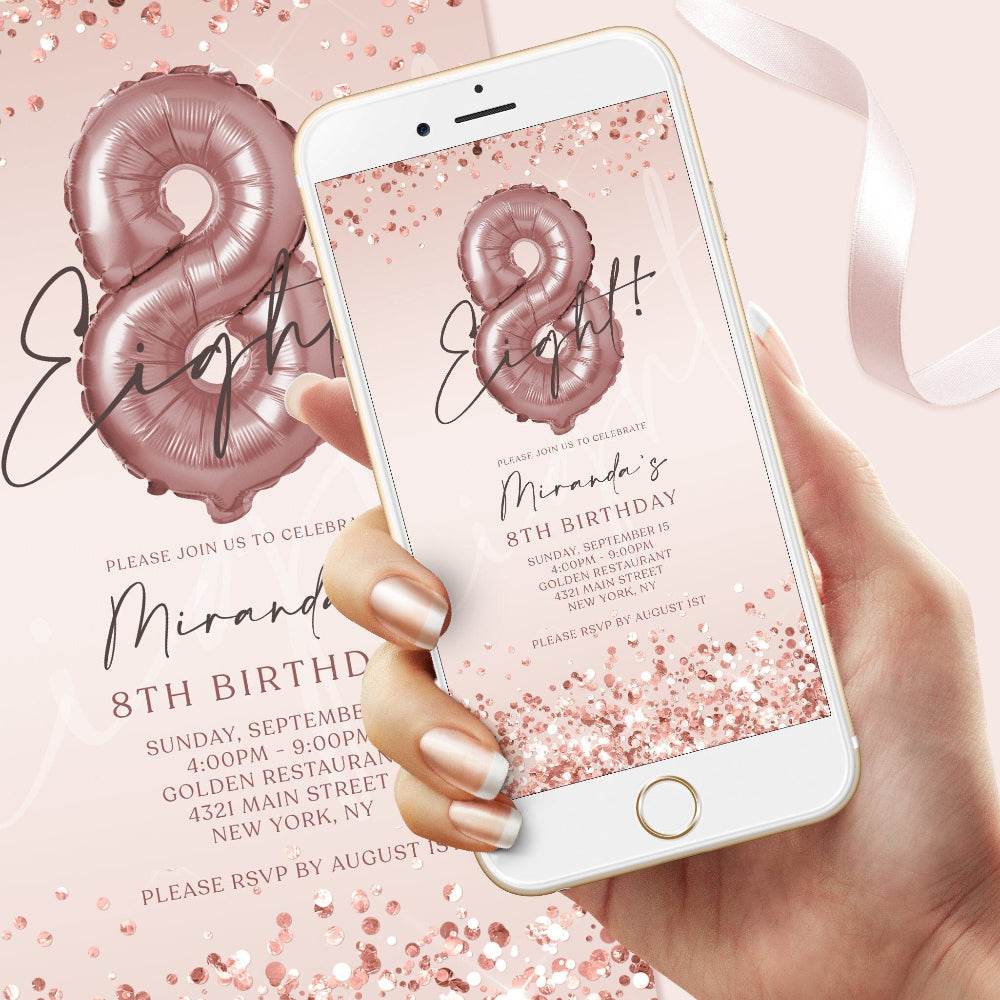 8th Girl Birthday Invitation – Digital Pink Rose Gold Evite – Editable Mobile Template – Text Message DIY Birthday Invite for Girls
