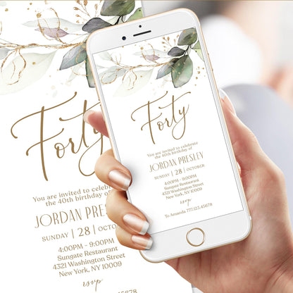 Greenery Electronic Forty 40th birthday Invitation Template, Digital 40th Forty Birthday Invite, Editable Template, Phone Text Message Evite