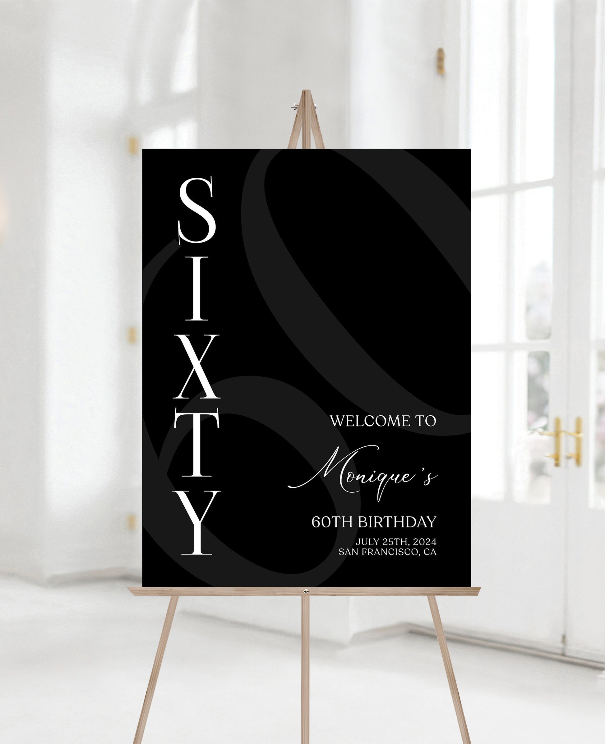 Simple Black 60th Sixty Birthday Welcome Sign Template, Printable Minimalist Birthday Welcome Sign, Editable Welcome Poster, Birthday Decor