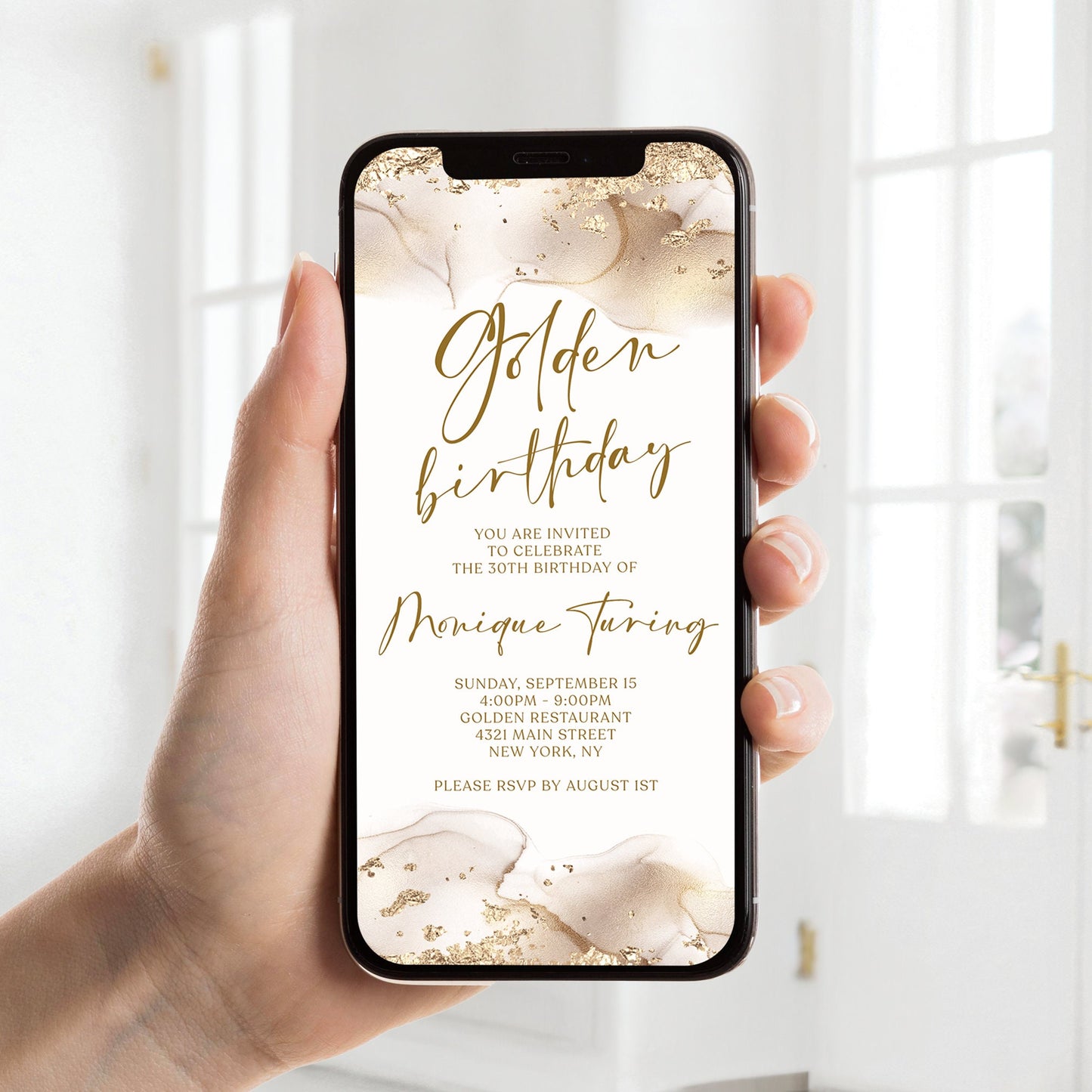 Digital Golden Birthday Birthday Invitation Template, Electronic Gold Glitter Birthday Invite, Editable Text Message Evite, DIY Phone Evite