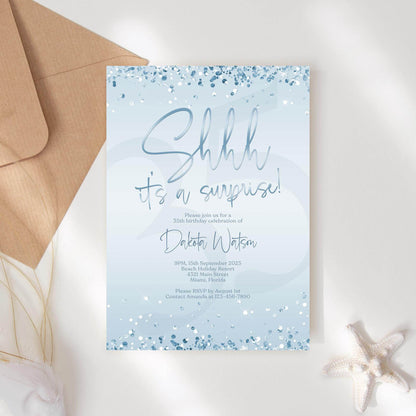 Surprise Party Invitation Template | Blue & Silver Foil Editable Birthday Invite | Any Age Printable Evite | Shhh It’s a Surprise | Text or Email Card