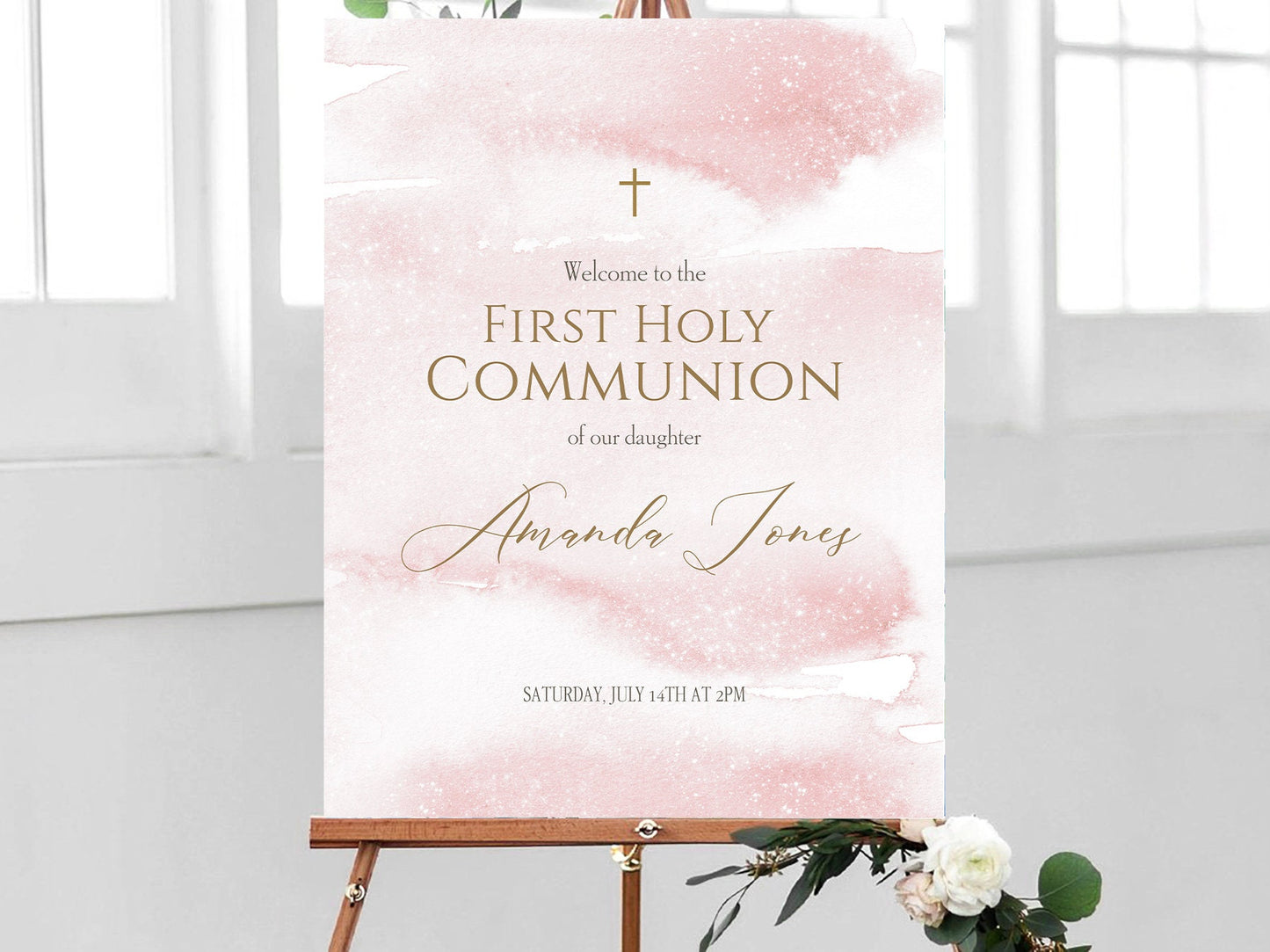 First Holy Communion Welcome Sign Template, Baptism Welcome Sign, Printable Welcome Sign, Pink Watercolor Welcome Sign, Rose Gold Poster DIY