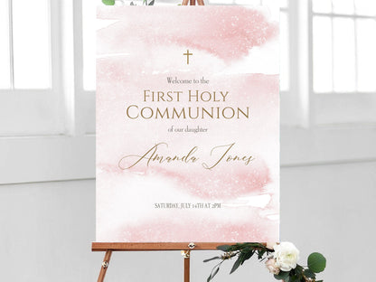 First Holy Communion Welcome Sign Template, Baptism Welcome Sign, Printable Welcome Sign, Pink Watercolor Welcome Sign, Rose Gold Poster DIY