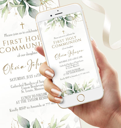 Digital Greenery First Communion Invitation Template, Editable Boy or Girl First Holy Communion Evite, Instant Download
