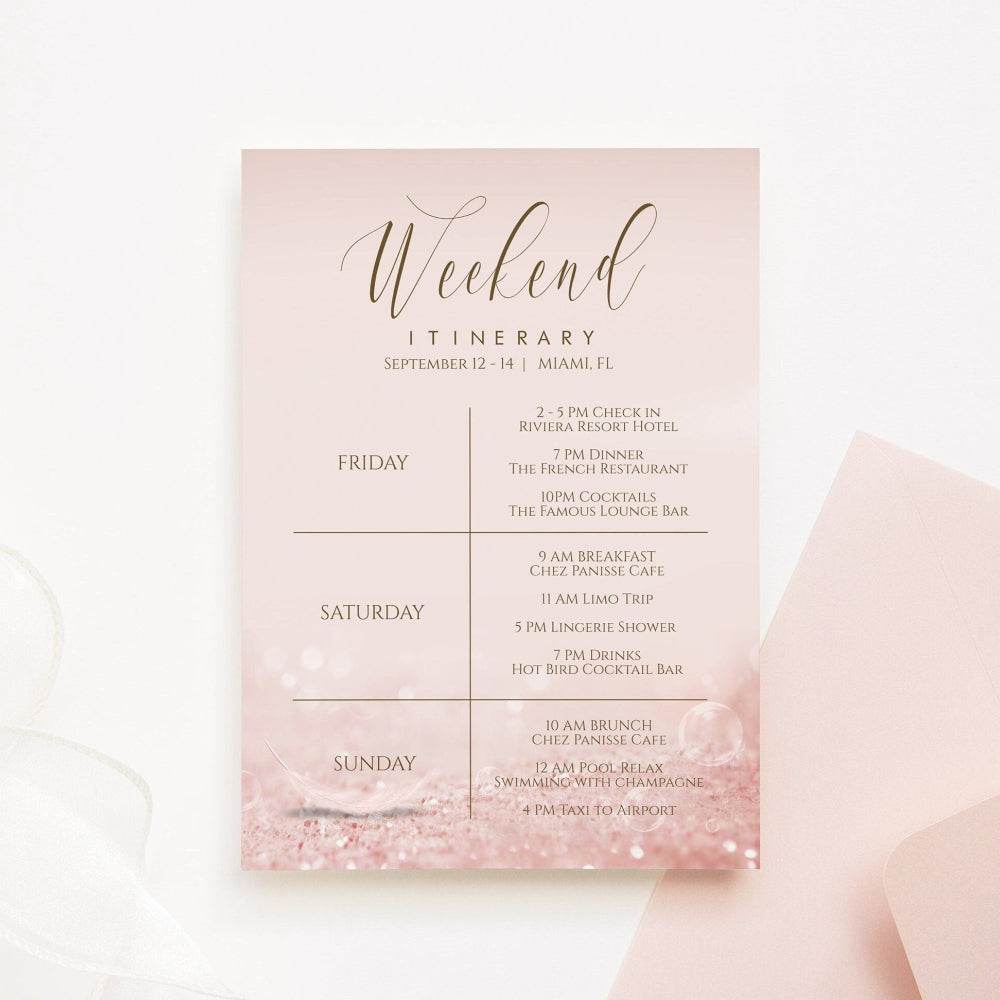 Weekend Itinerary Template, Printable Bachelorette Itinerary, Editable Rose Gold Hens Party Schedule, Birthday Weekend, Digital DIY Instant Download