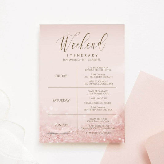 Weekend Itinerary Template, Printable Bachelorette Itinerary, Editable Rose Gold Hens Party Schedule, Birthday Weekend, Digital DIY Instant Download