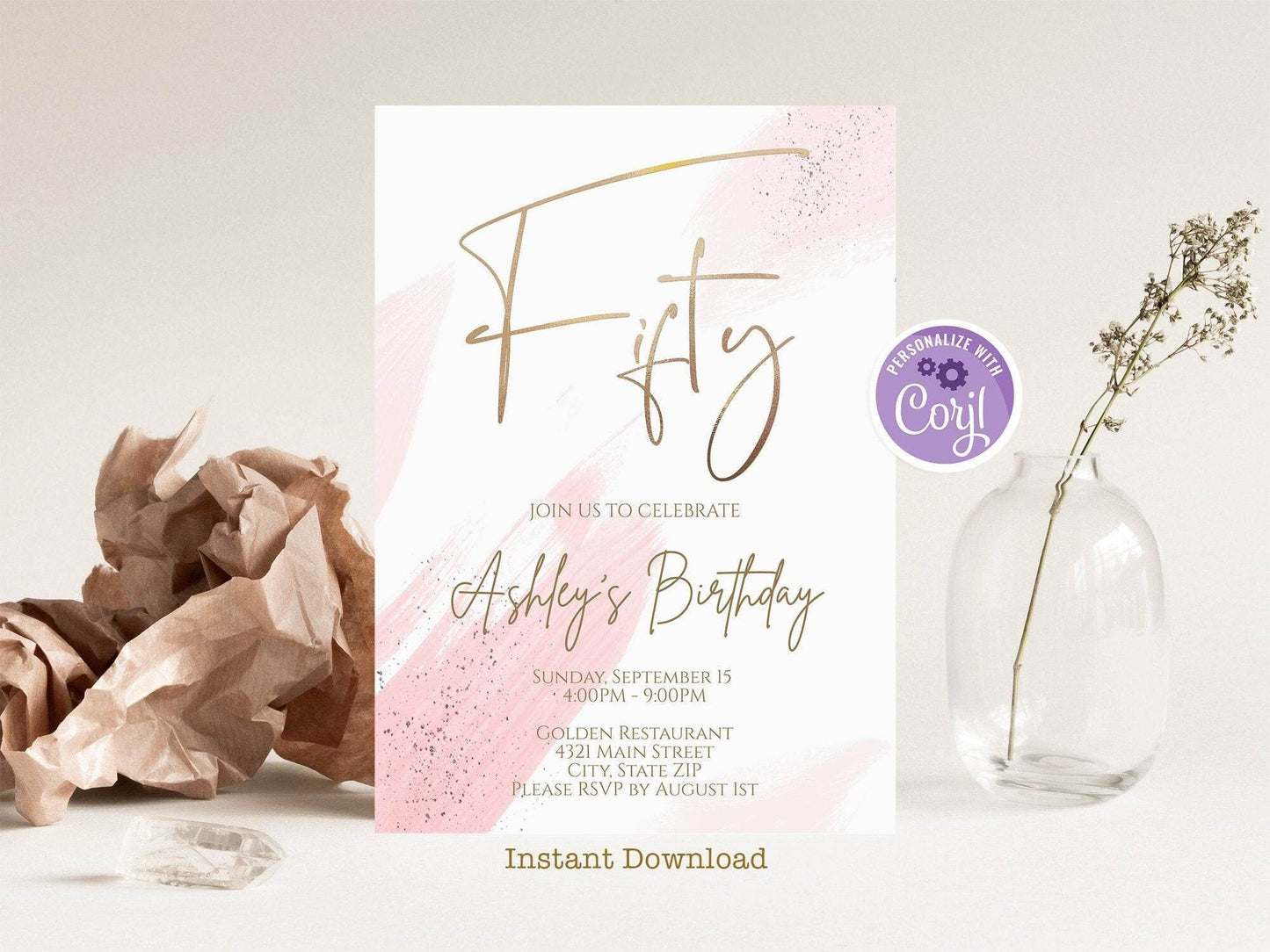 50th Birthday Invitation Template, Gold Foil Watercolor Invite, Editable 50th Party Card, Digital Download, Any Age Birthday Invitation