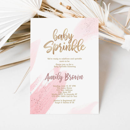 Girl Baby Sprinkle Invitation Template Printable, Gold Pink Baby Sprinkle Invite, Editable Girl Baby Shower Card, Email Text Message