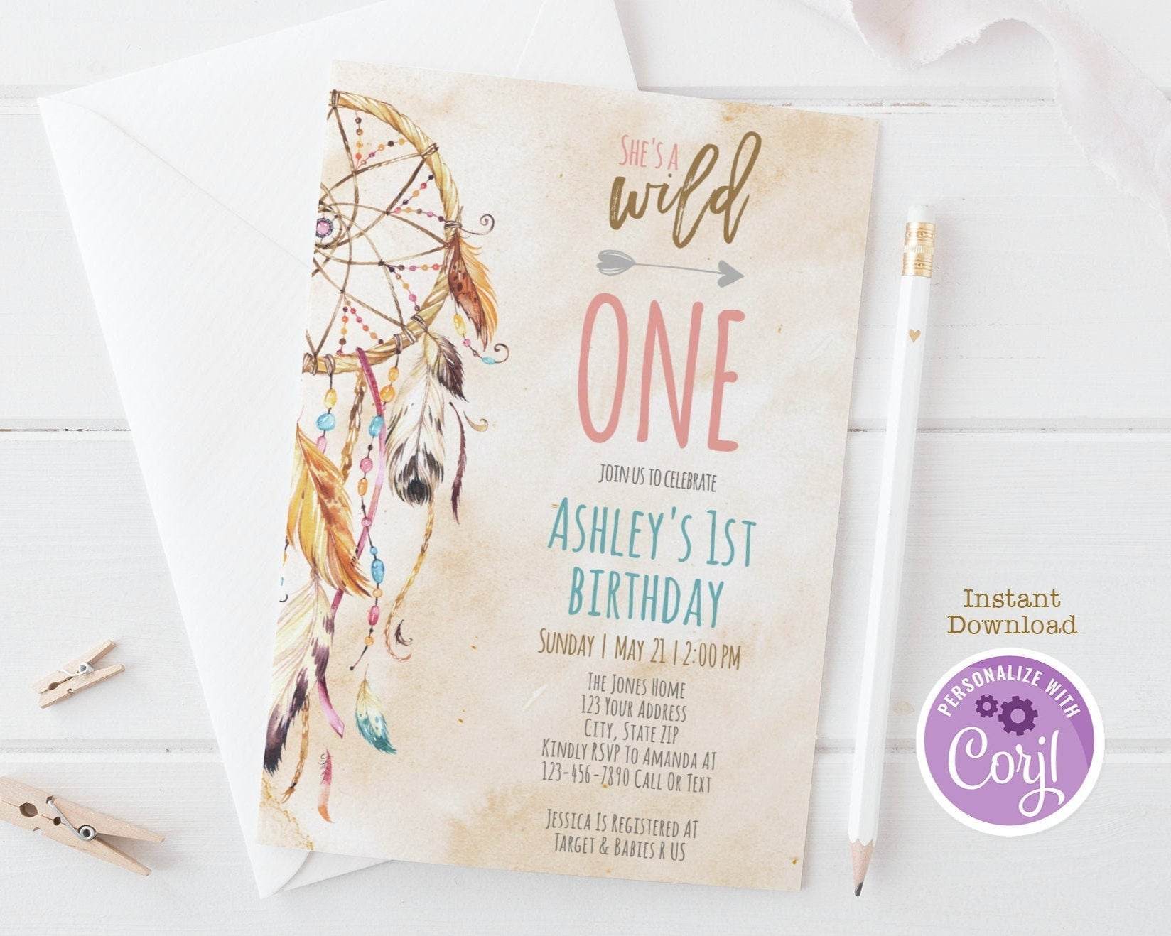 She’s a Wild One First Birthday Invitation – Boho Watercolor Dreamcatcher Girl Party Invite – Editable Template – Printable Instant Download