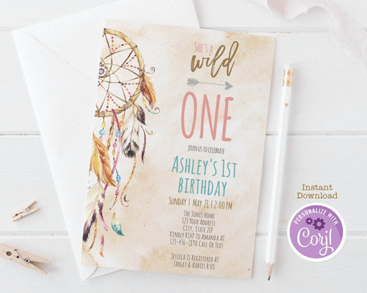 She’s a Wild One First Birthday Invitation – Boho Watercolor Dreamcatcher Girl Party Invite – Editable Template – Printable Instant Download