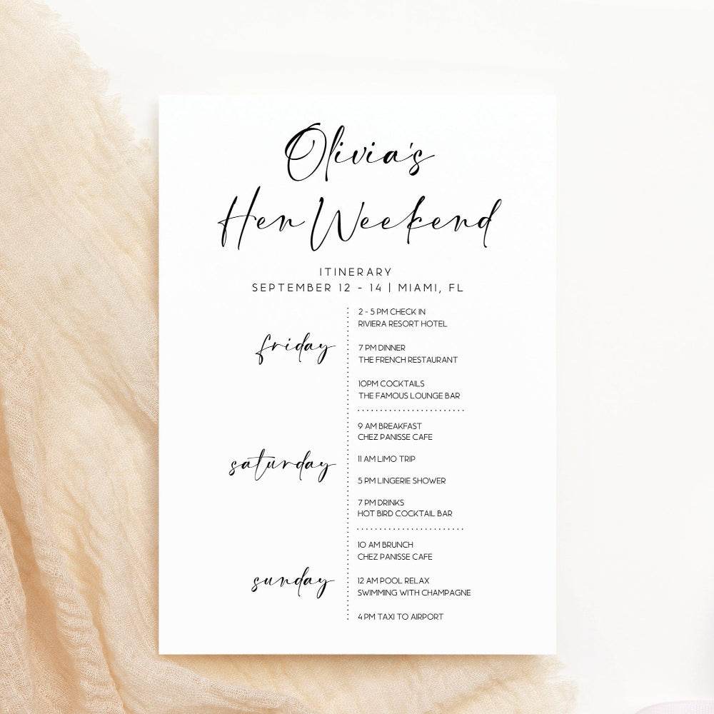 Printable Hen Do Itinerary & Invitation Template – Editable Bachelorette Party Invite – Hen Weekend Schedule – Bride To Be Card – Instant Download