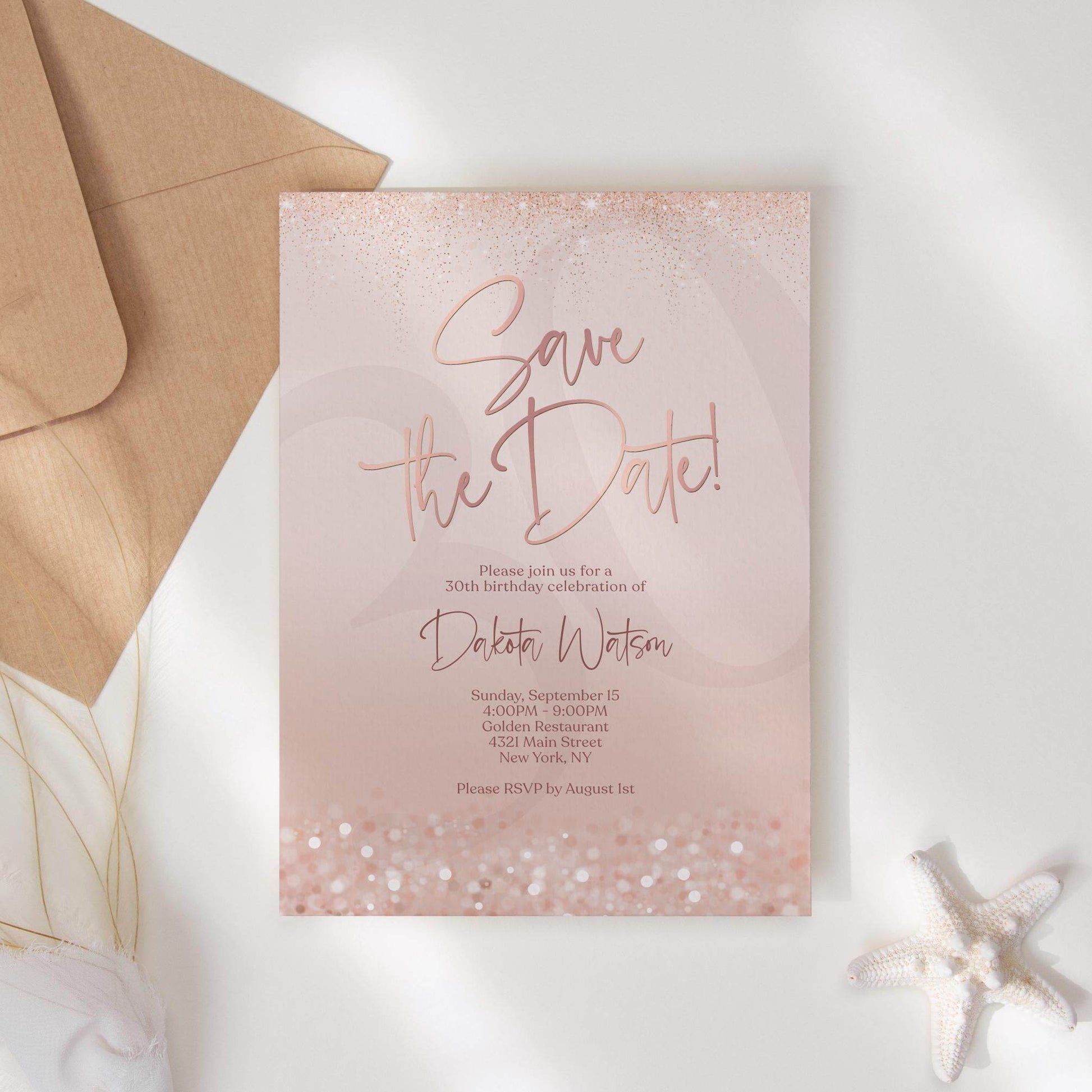 Save the Date Birthday Invitation Template | Editable Pink Rose Gold Invite | Any Age Digital Card | Email or Text Message Evite | Instant Download