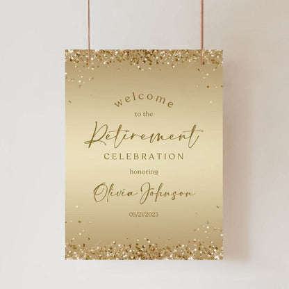 Gold Retirement Party Welcome Sign Template – Editable Retirement Celebration Poster | Gold Foil Confetti Welcome Banner | Digital Download