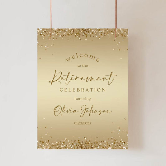 Gold Retirement Party Welcome Sign Template – Editable Retirement Celebration Poster | Gold Foil Confetti Welcome Banner | Digital Download