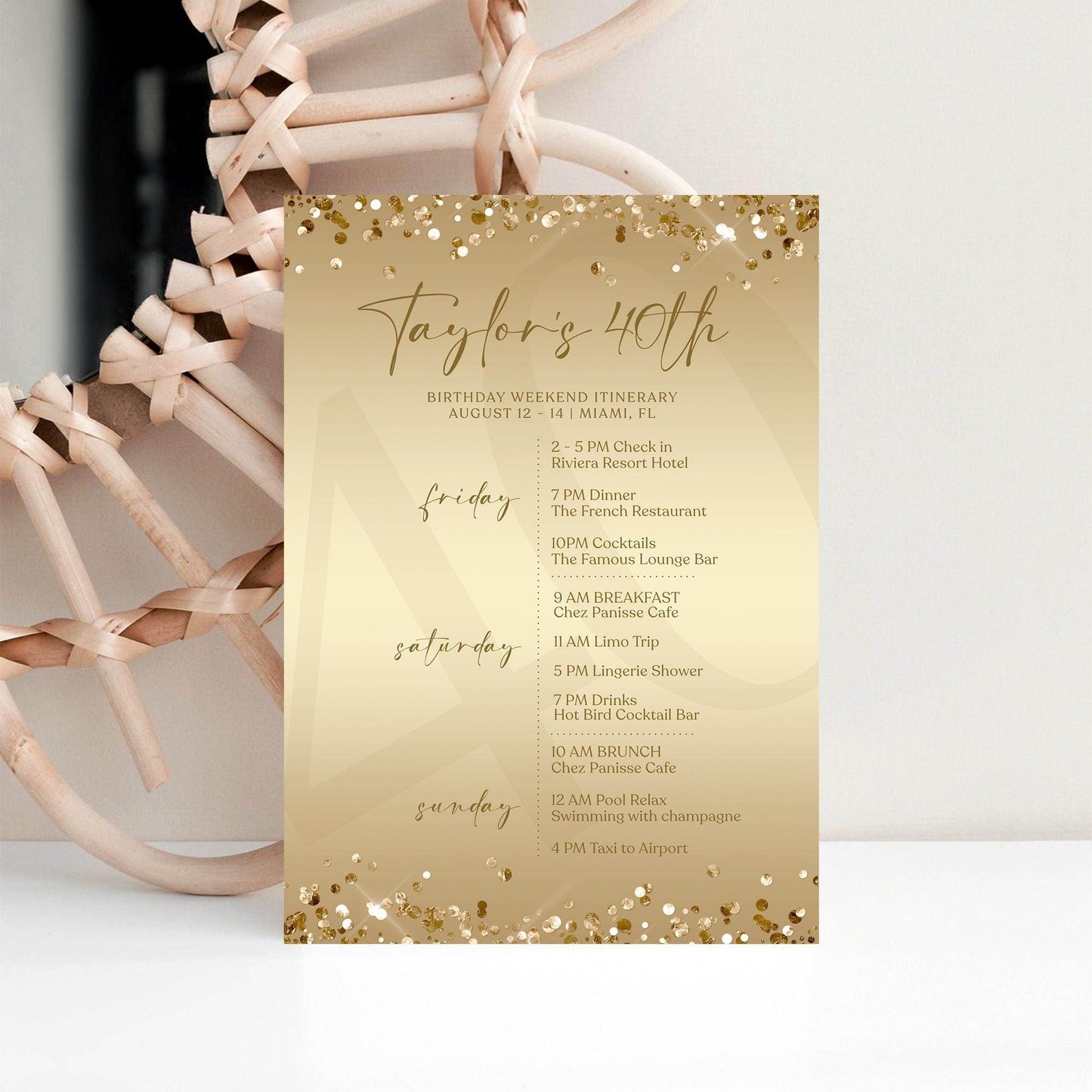 Editable Gold 40th Forty Birthday Itinerary Template, Printable Luxury Weekend Itinerary, Any Age Birthday Itinerary, Email Text Message