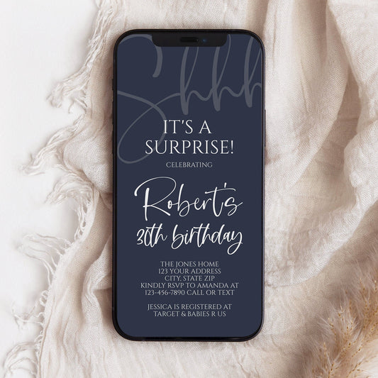 Navy Silver Shhh it's a surprise Electronic 30th birthday text invitation template, Any Age, Editable DIY invite, Thirty invite, Phone Evite