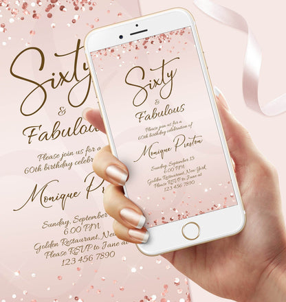Sixty and Fabulous Dinner Party Invitation – Editable Rose Gold 60th Birthday Template for Women | Elegant Electronic Evite | Instant Download