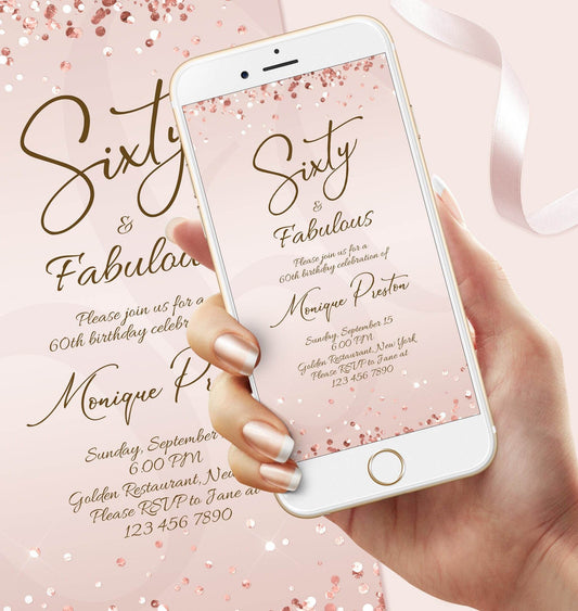 Sixty and Fabulous Dinner Party Invitation – Editable Rose Gold 60th Birthday Template for Women | Elegant Electronic Evite | Instant Download