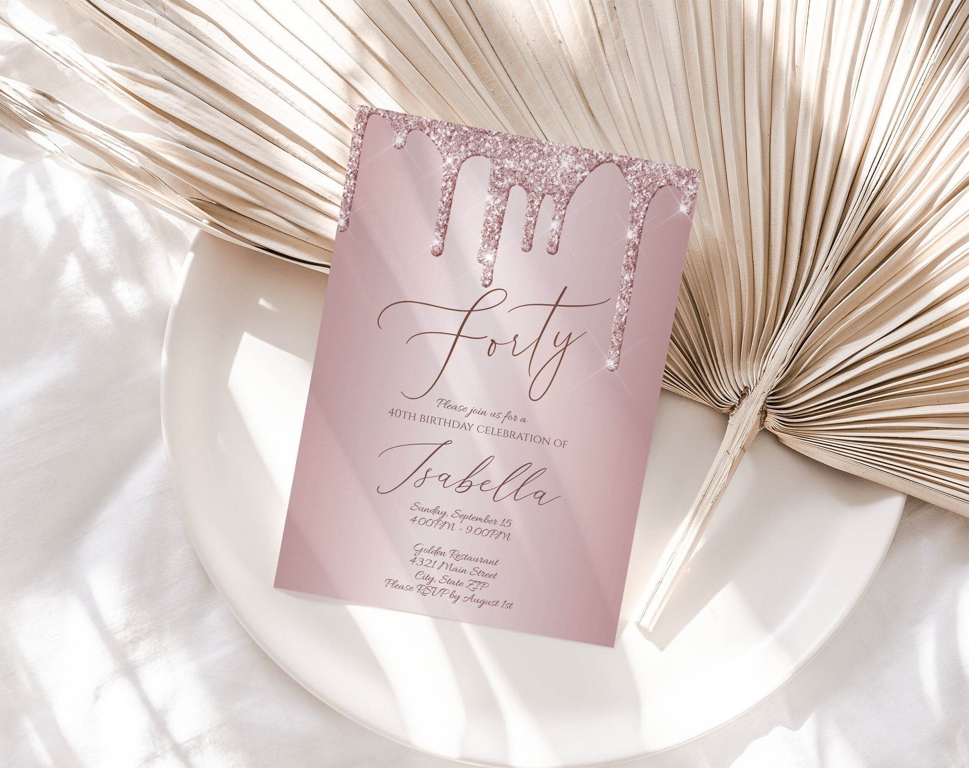 Printable Rose Gold 40th Birthday Invitation Template, Editable Glitter Modern Digital Invite, Email Text Message, Instant Download