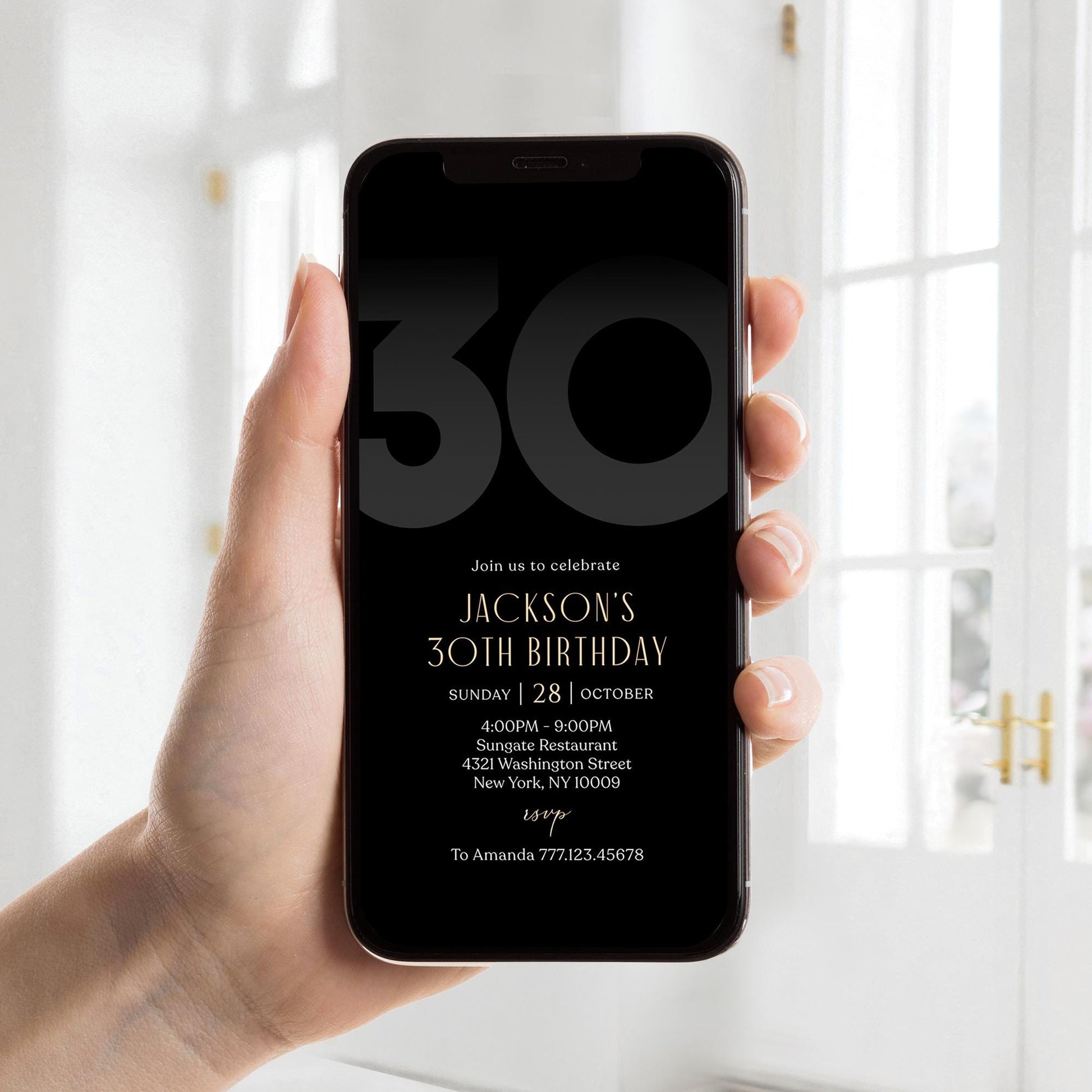 Digital Black 30th Thirty Birthday Invitation Template, Electronic Party Invite for Him, Simple Black Elegant Invitation, Text Message Evite