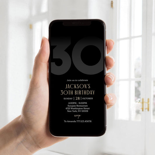 Digital Black 30th Thirty Birthday Invitation Template, Electronic Party Invite for Him, Simple Black Elegant Invitation, Text Message Evite