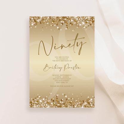 Gold Ninety 90th Invitation Template Printable, Editable Gold Confetti 90th Birthday Invite, Email Text Message, Ladies Surprise Party Card