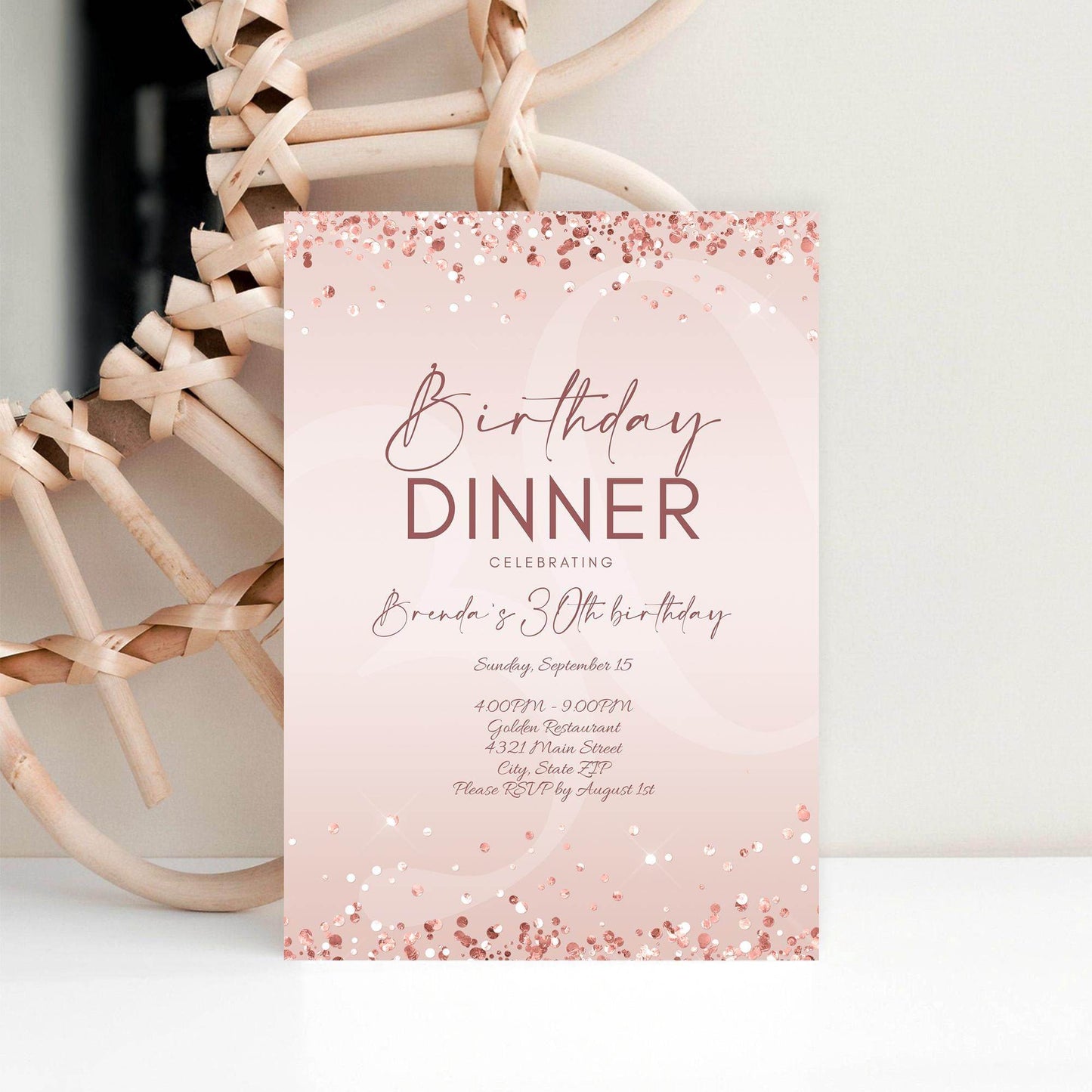 Birthday Dinner Invitation Template Printable, Editable Rose Gold Birthday Dinner Invite, Any Age Birthday, Email Text Message Invitation