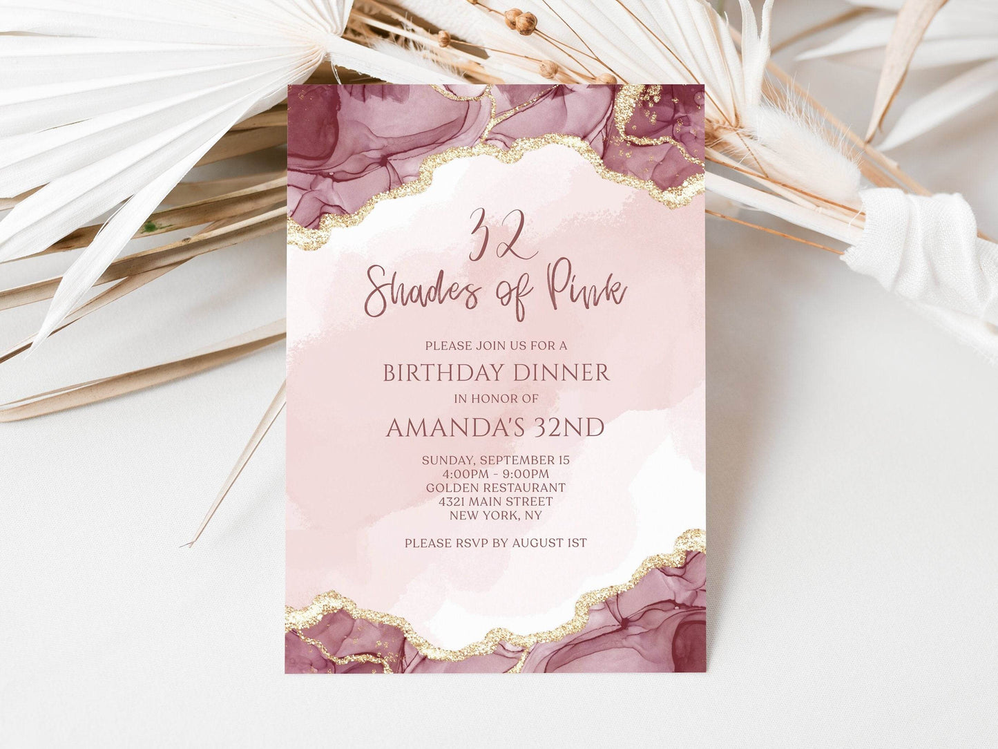 Editable Shades of Pink and Gold Birthday Dinner Invitation Template, Agate Design Printable Woman Birthday Invite, DIY Email Text Message Evite