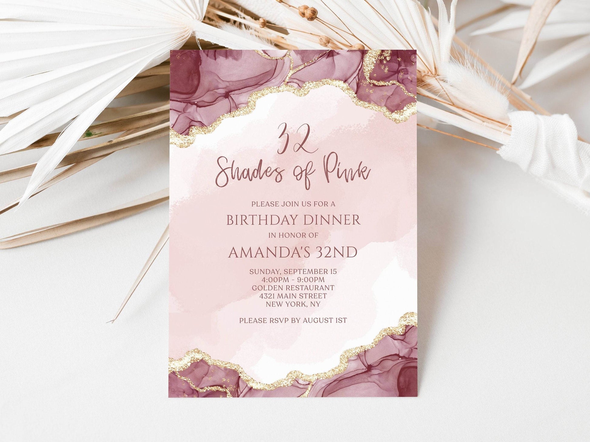 Editable Shades of Pink and Gold Birthday Dinner Invitation Template, Agate Design Printable Woman Birthday Invite, DIY Email Text Message Evite