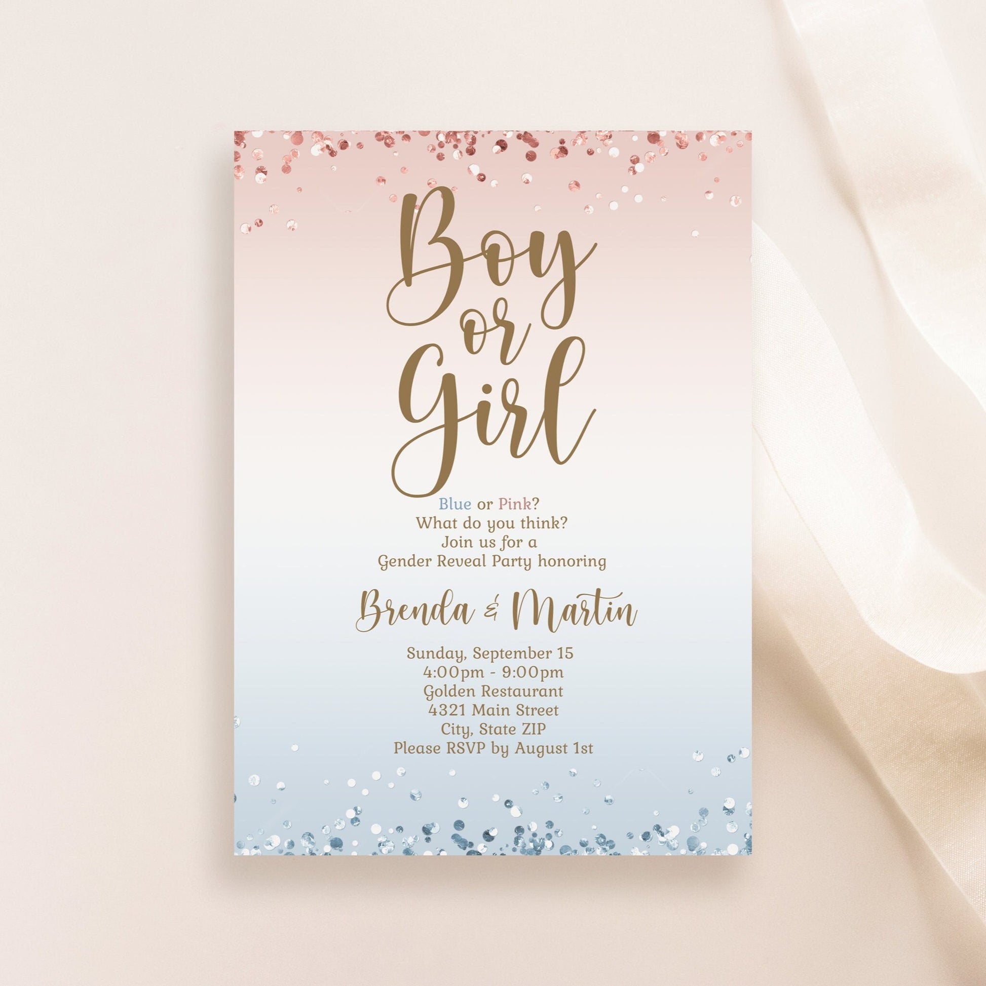 Printable Boy or Girl Invitation Template, Pink or Blue Gender Reveal Baby Shower Invite, He or She Editable Invitation, Digital Template