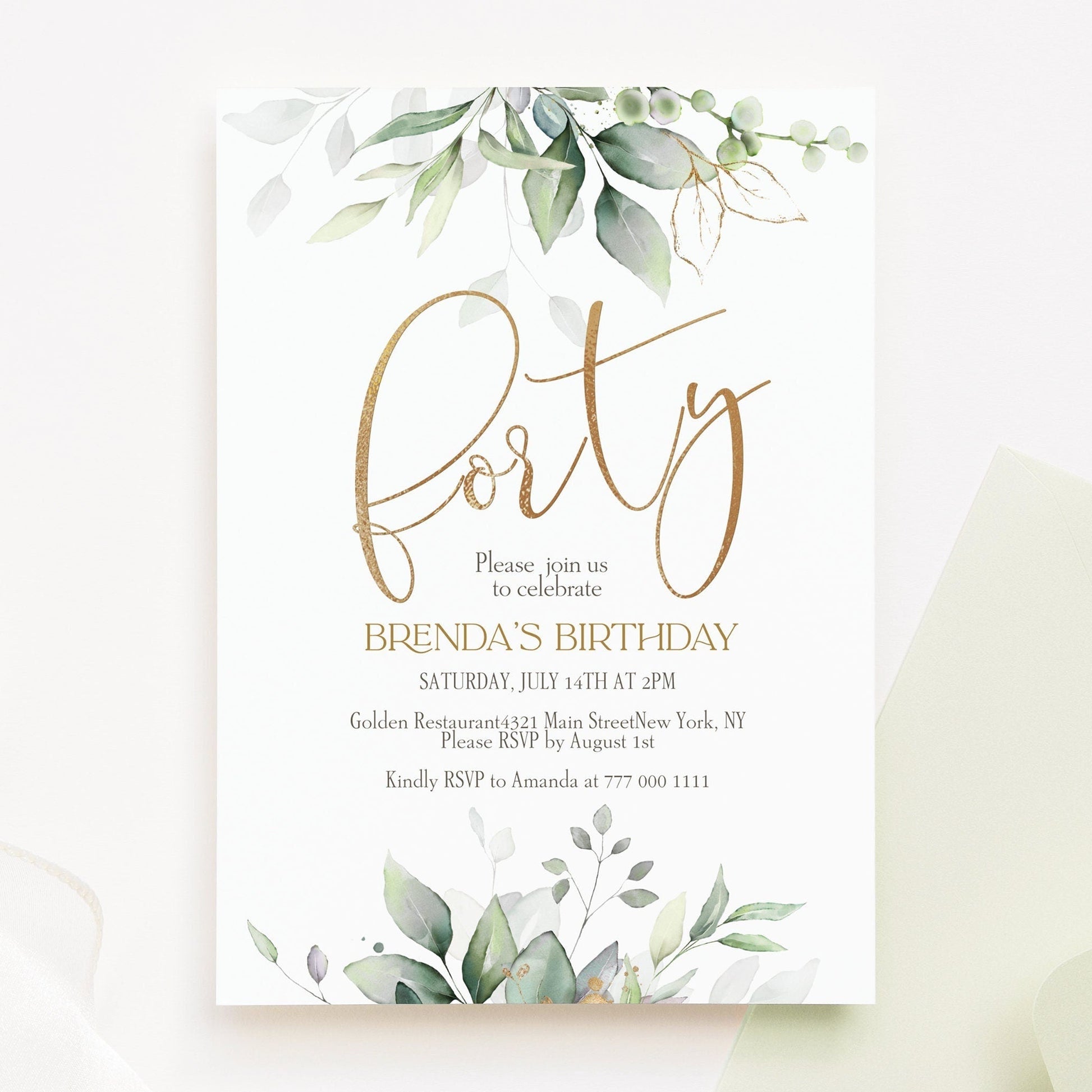 Printable 40th Birthday Invitation Template - Boho Greenery with Gold Foil Leaves