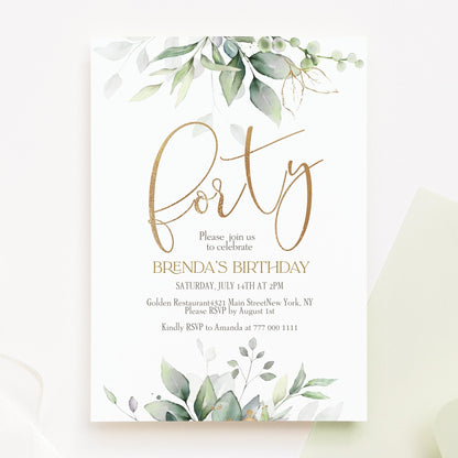 Printable 40th Birthday Invitation Template - Boho Greenery with Gold Foil Leaves
