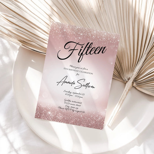 Luxury 15th Fifteen Rose Gold Glitter Editable Birthday Invitation Template, Printable Invite, Text Digital Invitation, 5x7 Instant Download