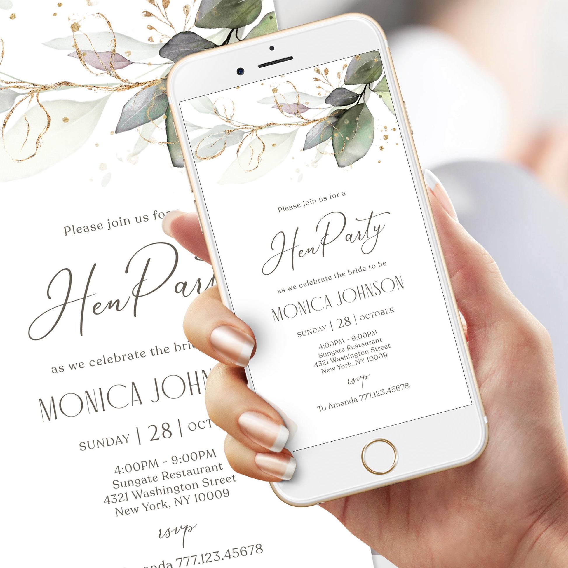 Digital Hen Party Invitation Template, Electronic Hen Party Invite, Phone Invitation, Editable Invite, Greenery Leaves, Text Message Evite