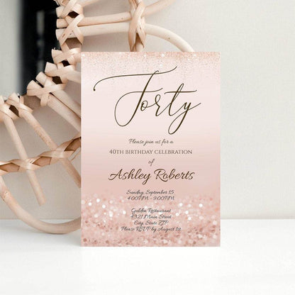 Luxury Forty Rose Gold Glitter 40th Birthday Invitation Template, Editable Printable Invite or Digital Text Message Evite, Instant Download