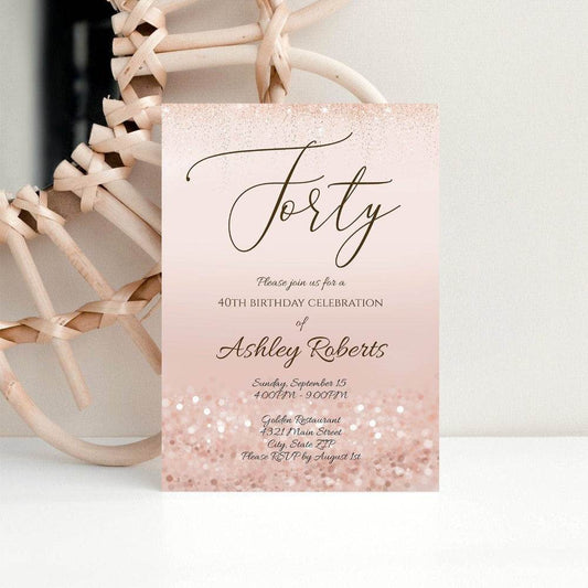 Luxury Forty Rose Gold Glitter 40th Birthday Invitation Template, Editable Printable Invite or Digital Text Message Evite, Instant Download
