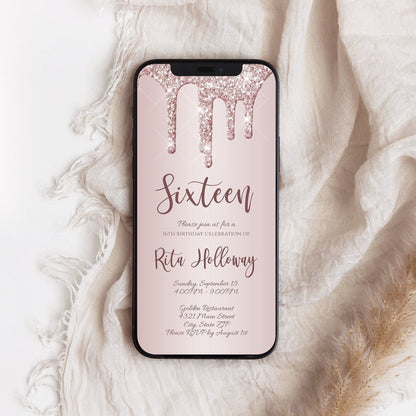 Electronic 16th Birthday Evite, Rose Gold Glitter Digital Invitation Template, Editable Text Message & Email Invite, DIY Phone Invitation